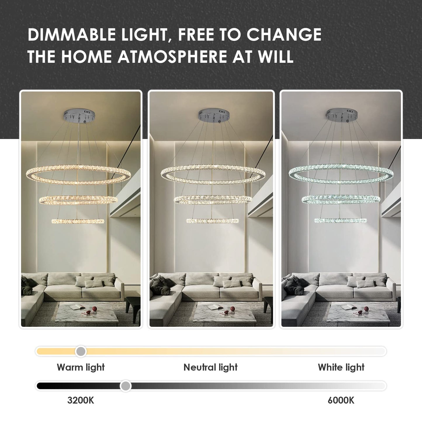 Siljoy LED Chandelier, Modern Ceiling Light Fixture with 3 Crystal Chandelier Lighting Rings, DIY & 3-Color Changing 3 Rings Adjustable Chandeliers for Living Room Dining Room Kitchen, D 12"-20"-28"