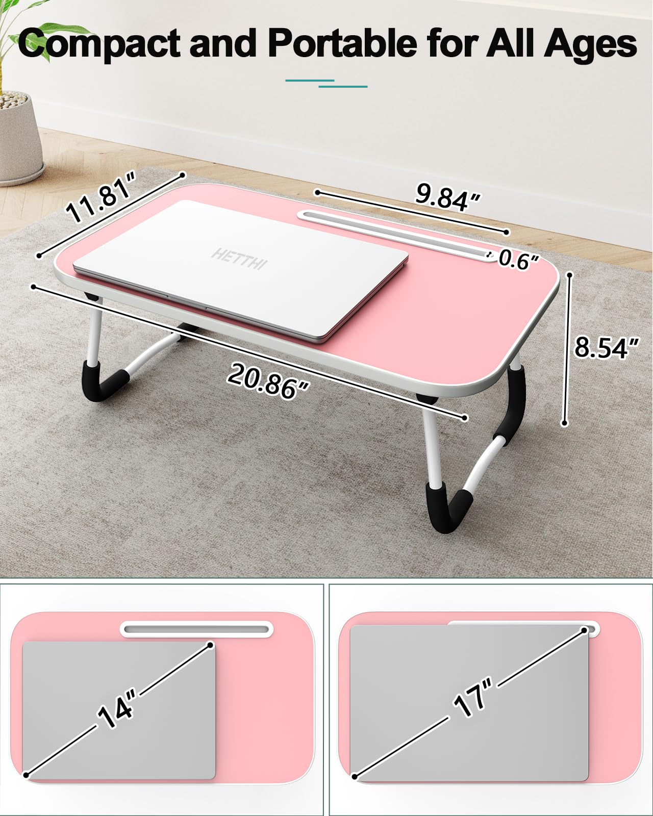 Foldable Lap Desk with Tablet Slot, Portable Laptop Desk for Bed, Lightweight Bed Table for Working Writing Reading Drawing Eating on Couch Floor, Pink (20.8"×11.8")