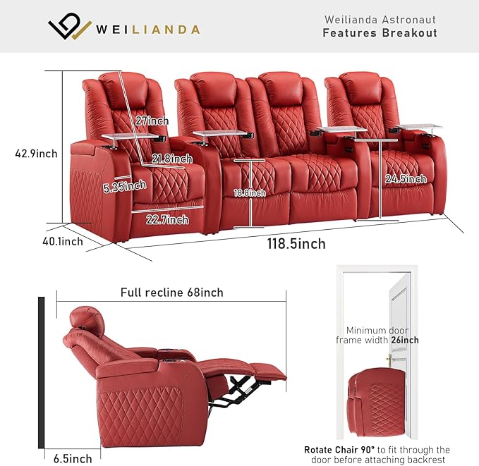 Weilianda Home Theater Seating Top Grain Leather Zero Gravity Recliner Chair Power Headrest Recline Movie Seat Gaming 7 Colors Mood Light Sofa with Tray Table USB Charge Row of 4 Loveseat Middle Red
