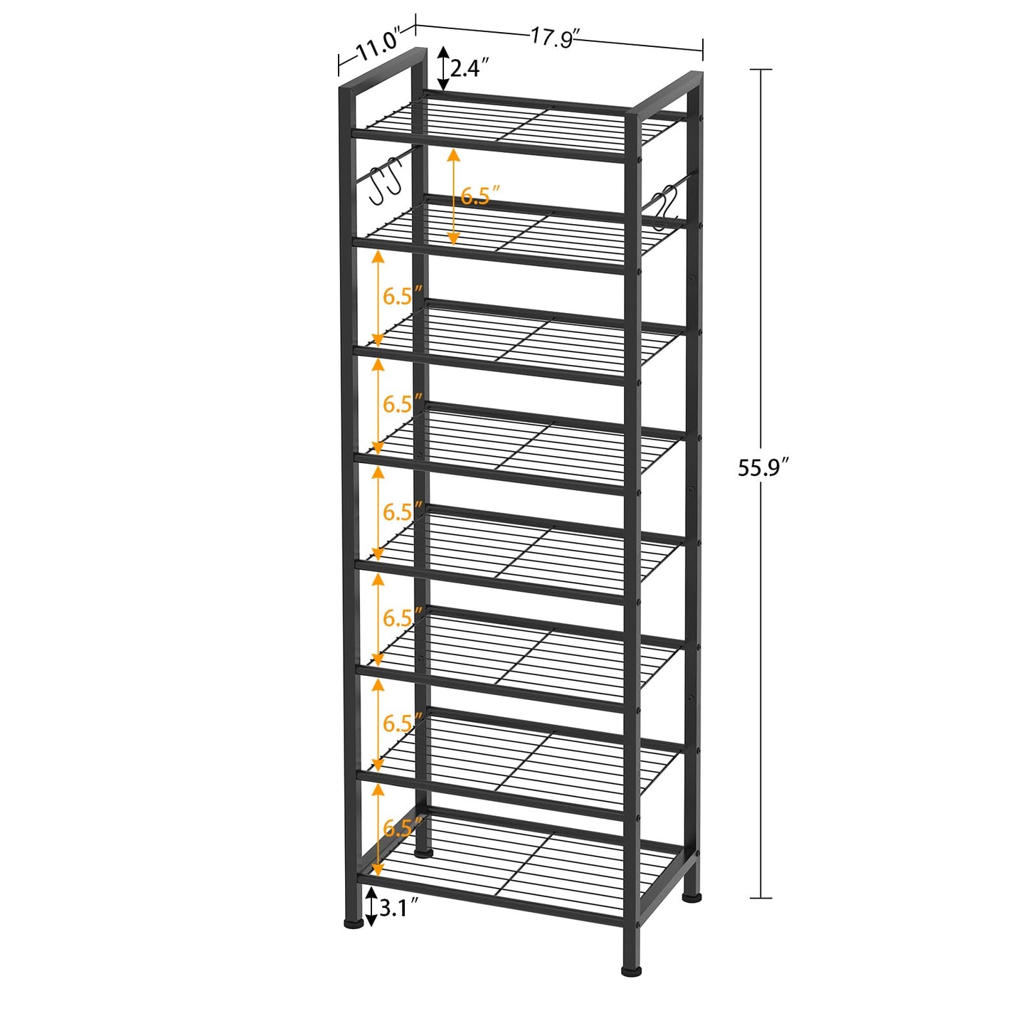usikey 8 Tiers Narrow Shoe Rack 16-24 Pairs, Sturdy Metal Tall Shoe Rack with 4 Hooks, Slim Shoe Storage Organizer with Metal Shelf, Space Saving Vertical Shoe Shelf for Entryway, Closets, Black