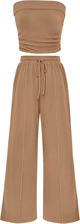 PRETTYGARDEN Womens Summer Outfits 2 Piece Sets Casual Ribbed Knit Crop Tube Top Wide Leg Pants Spring Matching Lounge Set