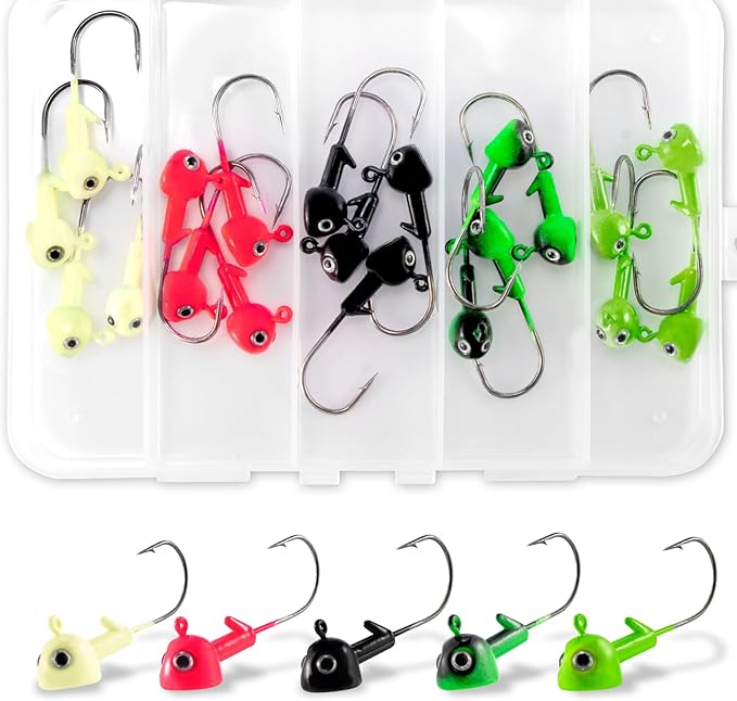 Alwonder 20-Pack Walleye Jigs Kit with 3D Eyes, Walleye Bass Fishing Jig Heads Stand Up Swimbait Jig Head 1/8oz 3/16oz 1/4...