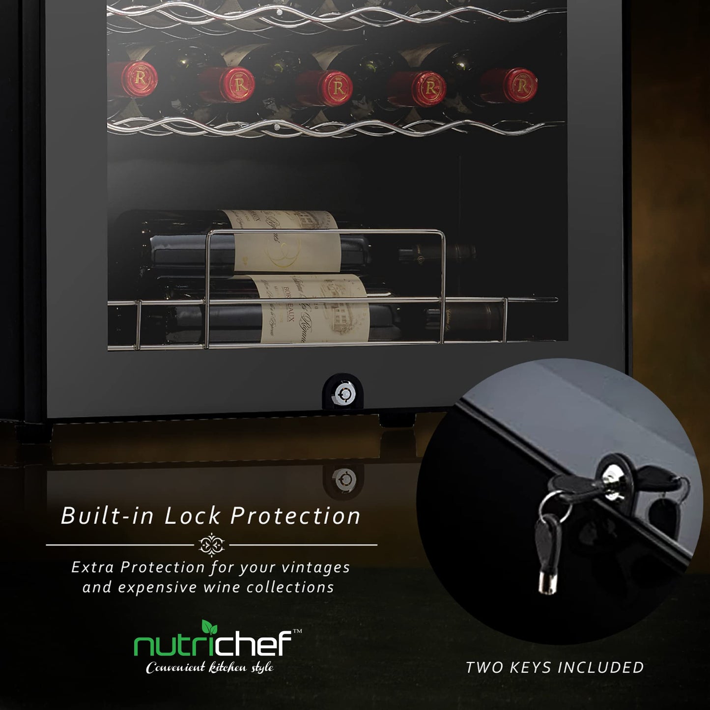 NutriChef PKCWC340 Wine Fridge, 34 Bottle Single Zone Beverage Chiller, 93.5L Capacity, 33x19x17 IN, Black