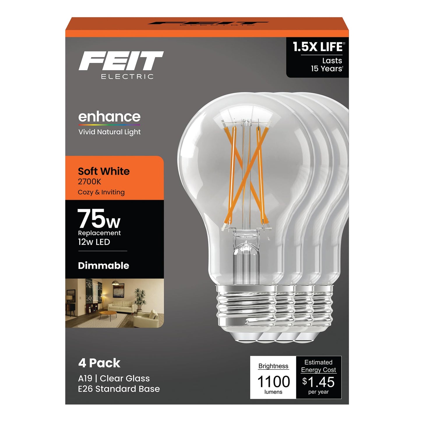 Feit Electric A19 LED Light Bulb, 75W Equivalent, 1100 Lumens, 2700K Soft White, Dimmable, Clear Glass, E26 Base, General Purpose LED Light Bulbs, 17,000-Hour Lifespan, A1975CL927CA/FIL4/GB, 4 Pack
