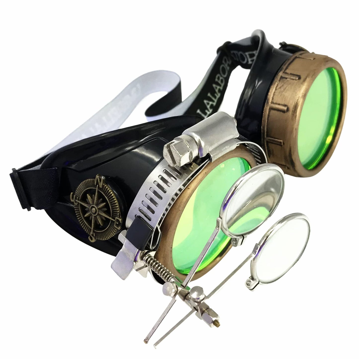 UMBRELLALABORATORY Steampunk Victorian Style Goggles with Compass Design, Neon Green Lenses & Ocular Loupe