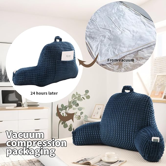 PAJEO Reading Pillow for Sitting in Bed, Large Backrest Reading Pillow with Arm Rest,Back-Rest Support Cushion for Sit Up on Couch, Sofa, and Floor (Dark Blue Flannel, Standard(17inch))