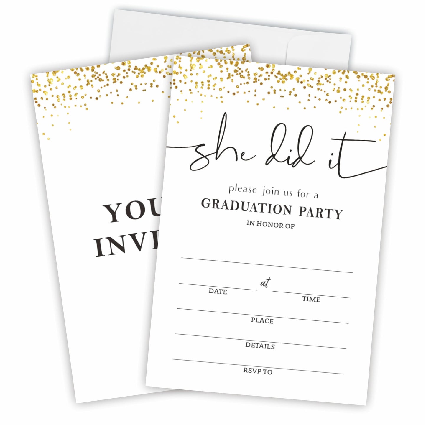 She Did It - 20 Shiny Gold Graduation Invitation With Envelopes, Class Of 2024， High School, Double-Sided Invite Cards For University, College Graduate Celebration, Party Favor & Supplies(A01)