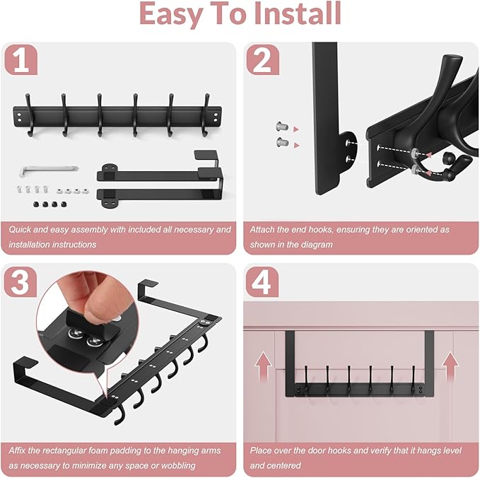 BAKON Over The Door Towel Rack with 6 Hooks, Heavy Duty Over Door Hooks for Hanging Clothes Coat Hat Jacket, Door Hanger Home Organizer for Bathroom Closet Bedroom Kitchen (1, Black)