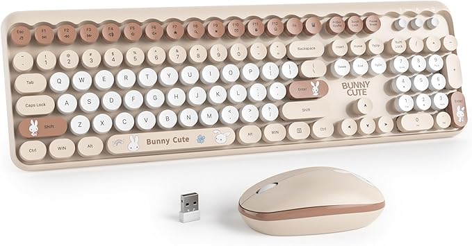 Owpkeenthy Cute Beige Keyboard and Mouse Wireless, Colorful Keyboard Retro Typewriter Style Full-Sized with Number Pad Round Keys for Desktop, Laptop and Computerr (Bunny Beige)