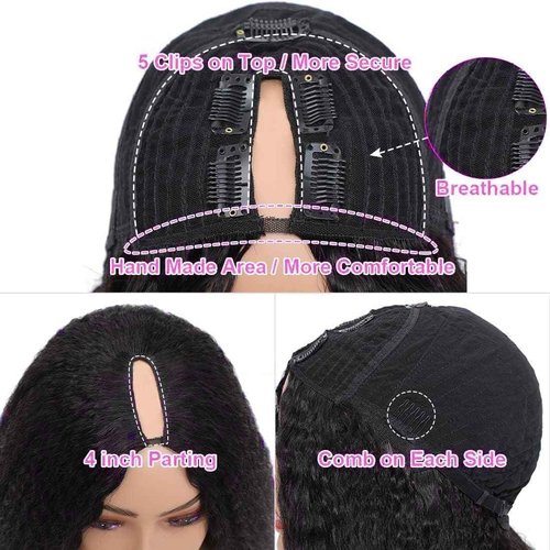Prtyopp V Part Wig Human Hair Kinky Straight 20 Inch Vpart Human Hair Wig Upgrade U Part Wig Yaki Straight Clip in Half Wigs for Black Women Glueless No Leave Out 180% Density Natural Color