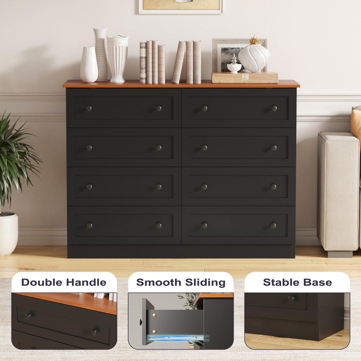 Furnify 8 Drawer Dresser for Bedroom, Farmhouse Dresser for Closet 8 Drawer, Wide Modern Chest of Drawers, Storage Cabinet, Bedroom, Living Room, Entryway, Black