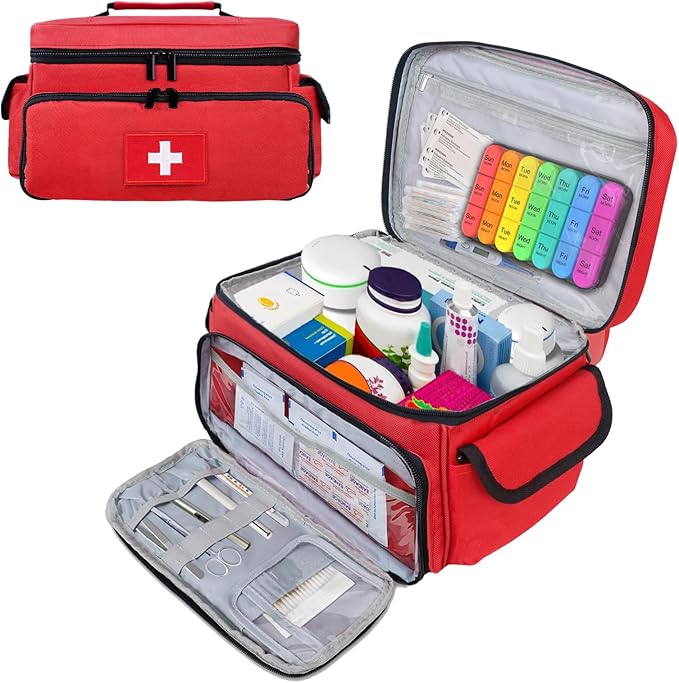 ALSLEA First Aid Bag Empty First Aid Kit Storage Box 12" x 9" x 7" Medical Bag Portable Pill Bottle Organizer Case for Ca...