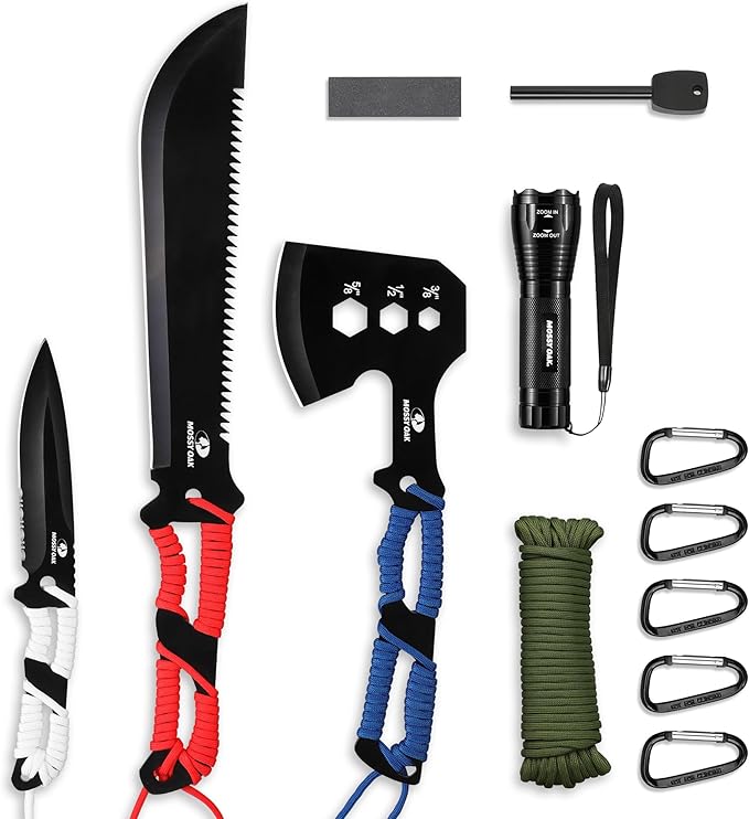 Mossy Oak Hatchet and Machete Knife Set with Sheath, One-Piece Axe & Hunting Knives with Paracord Handle, Zoomable Flashli...