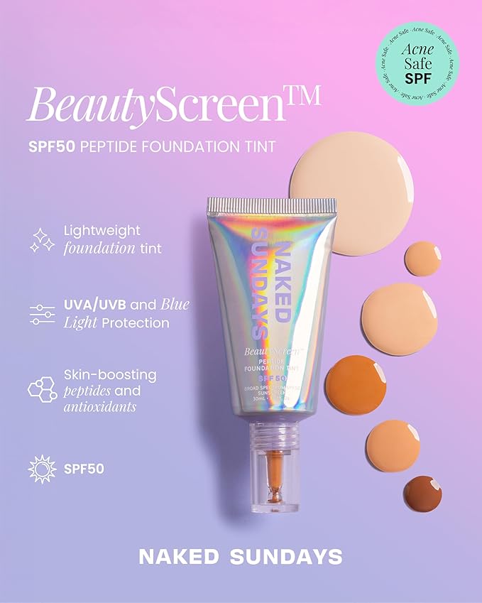 Naked Sundays BeautyScreen™ SPF 50 Mineral Peptide Foundation Tint – 2-in-1 Skin Tint & Mineral Sunscreen | Radiant, Buildable Coverage, Acne-Safe, Infused with Peptides (10 Deep Neutral, 1.01 oz)