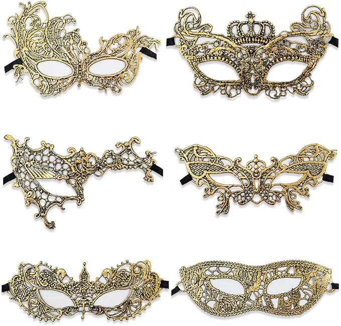 Huture 6 Packs Lace Masquerade Mask, Gold Lace Eye Patch for Women Mascarade Ball Sexy Lady Half Face Mask Fancy Dress Ven...