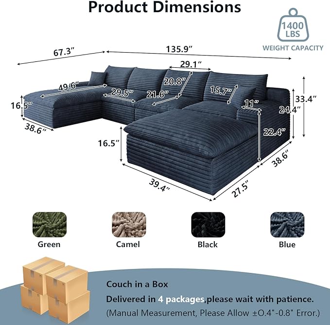 136" Cloud Sectional Couch U-Shaped Chaise with Ottoman, Corduroy Boneless Couch for Living Room Bedroom, Deep-Seat Upholstered Modular Cloud Sofa, No Assembly Required (Blue, Left Facing Chaise)