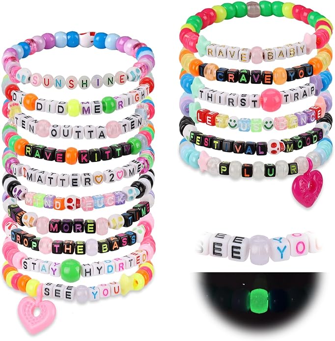 16/24/32Pcs Rave Kandi Bracelets Set Glow In The Dark EDM Music Stretch Bracelets Multi Color Beaded Kandi Cuff Rave Acces...