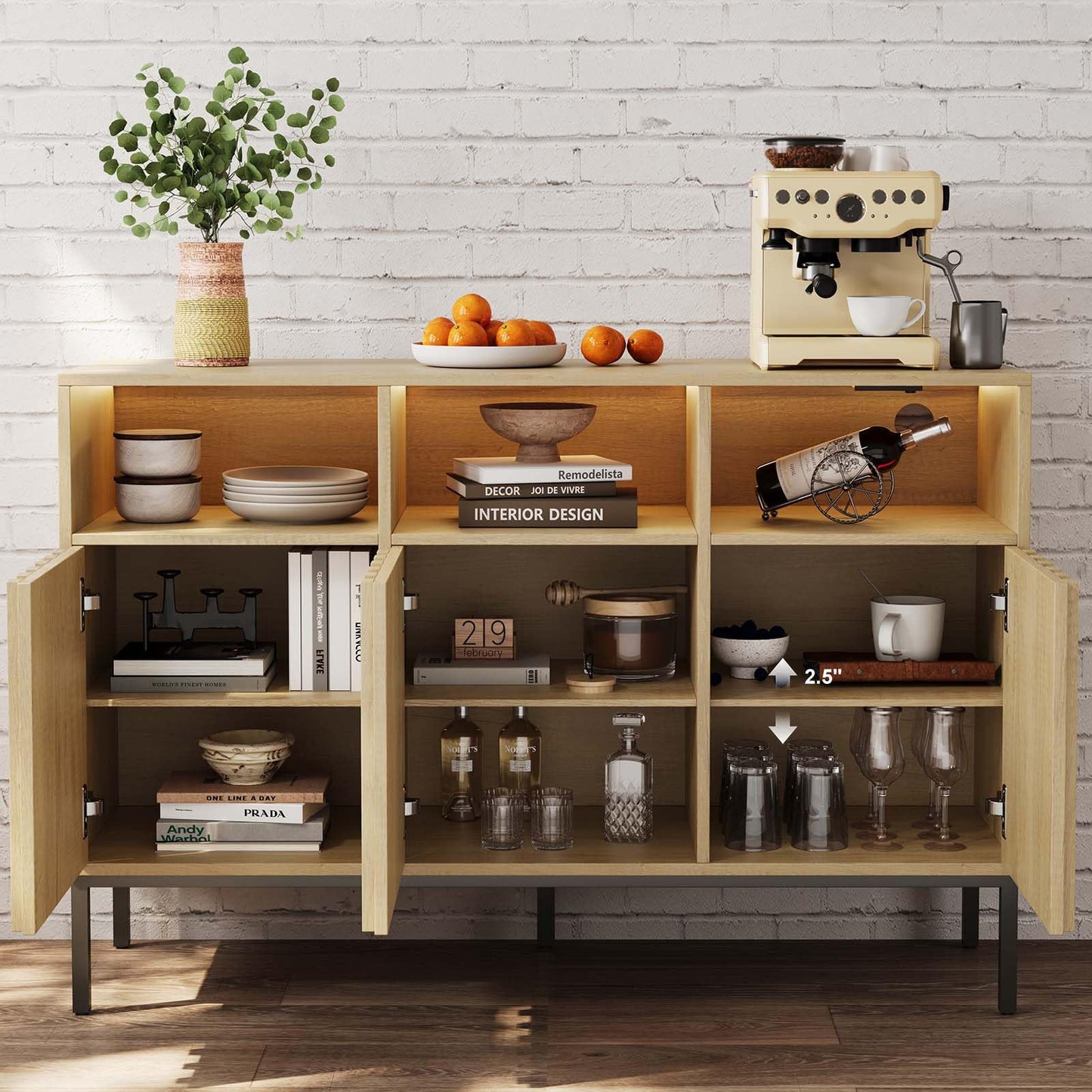 Svimi Oak Multifunctional Storage Cabinet with Charging Station, LED Light, 15"D x 47.2"W x 31.4"H, Beige, Ideal for Kitchen, Entryway, Office