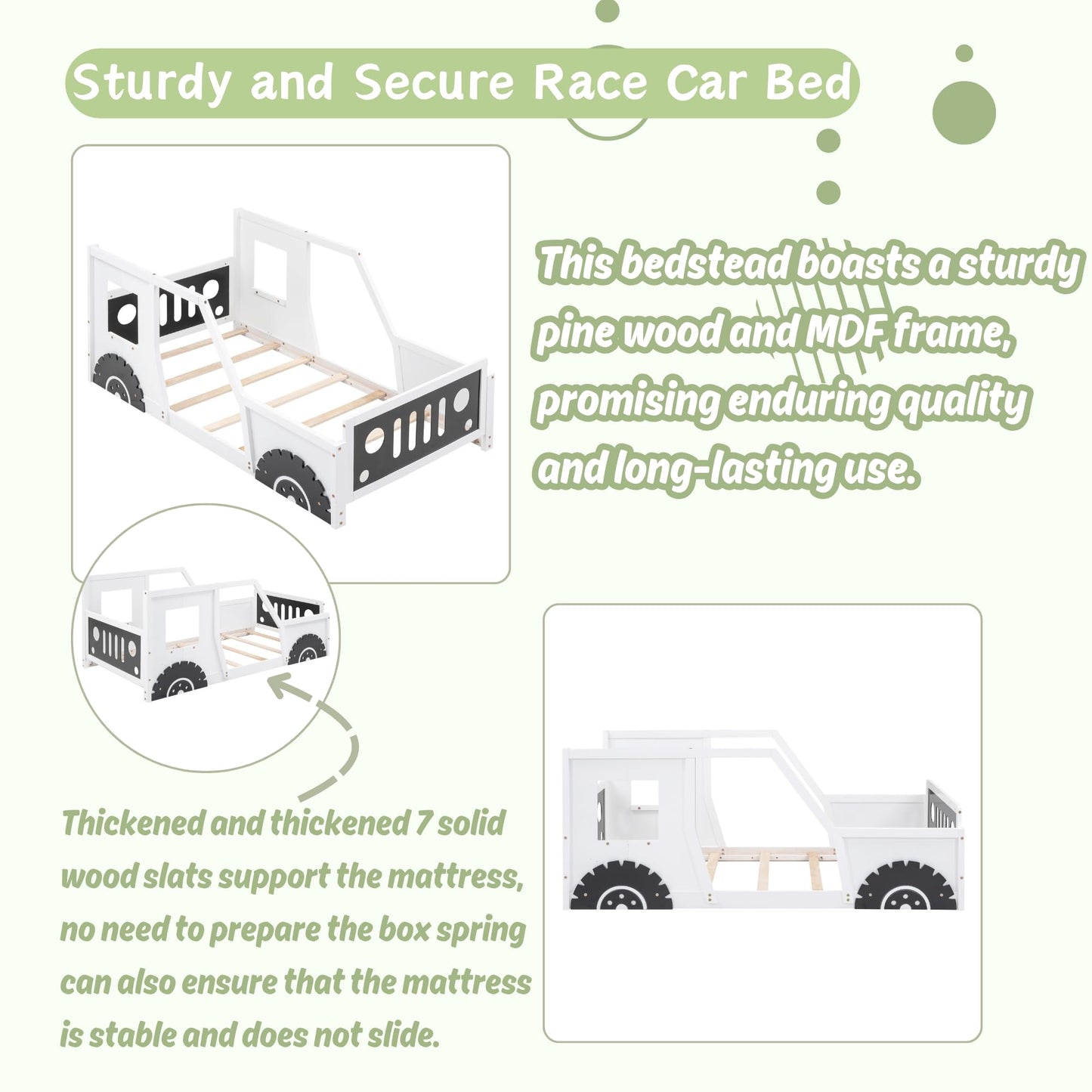 Twin Size Car Bed, Wood Floor Bed Frame with Headboard & Footboard and 4 Side Rails, Kids Racecar Bed for Boys Girls Teens, White