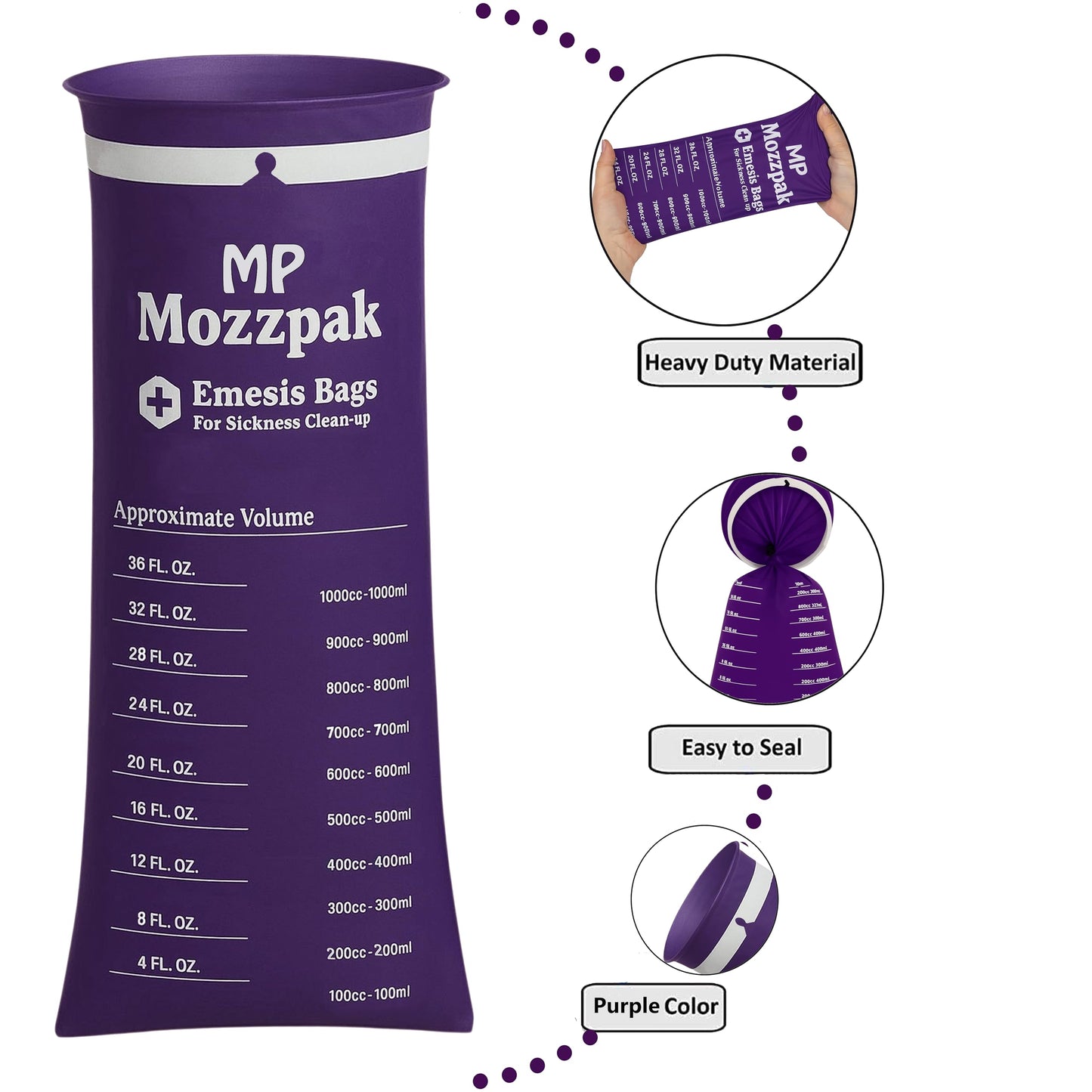 MP MOZZPAK Vomit Bags Disposable 50 Pack - 1000ml Emesis Bags, Leak-Proof Barf Bag, Travel Friendly Puke & Nausea Bag for Motion Sickness, Medical Grade Throw up Relief for Car, AirPlane, & Road Trip