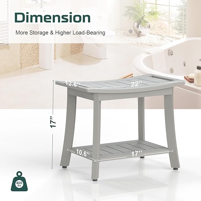 Waterproof Shower Benches for Inside Shower, Poly Lumber Shower Stool with Storage Shelf & Adjustable Feet, SPA Bathroom Seat Chair for Shaving Legs, Indoor or Outdoor Use, Grey