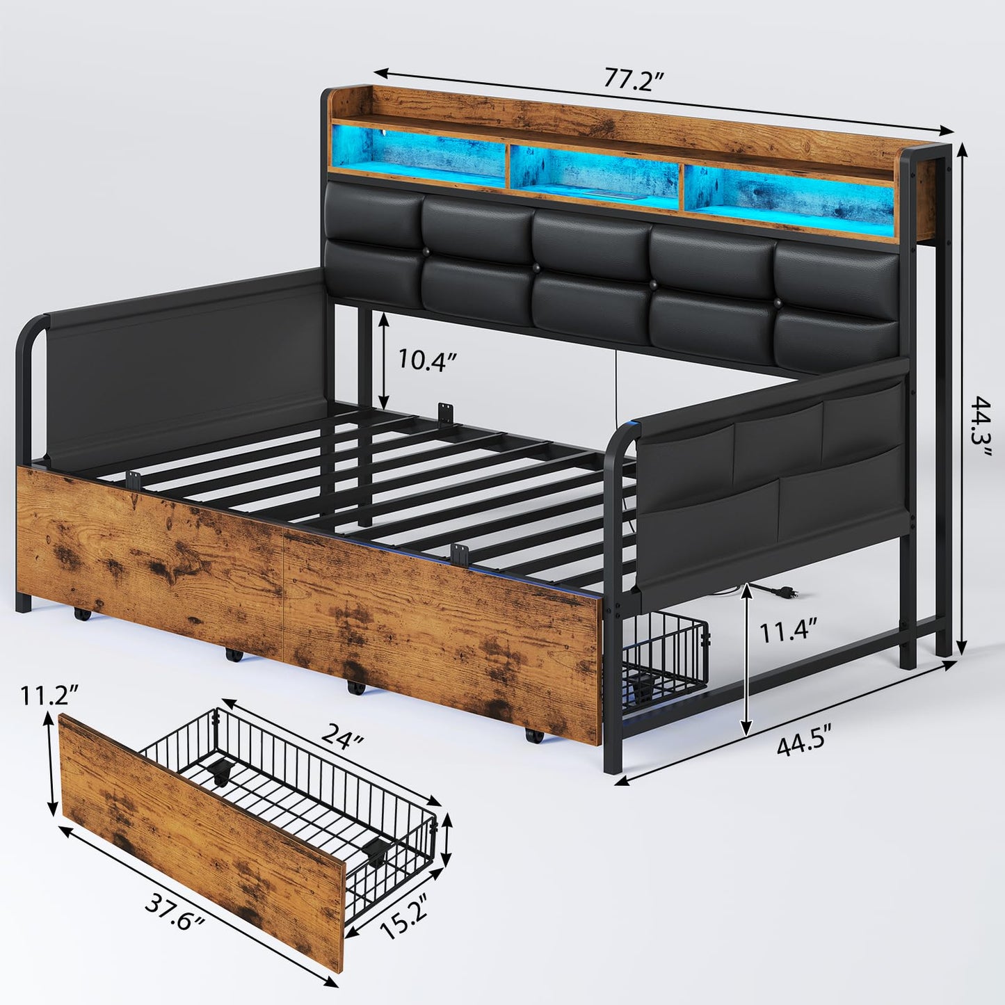 VIAGDO Daybed with 2 Drawers, Twin Day Bed with Upholstered Headboard and Charging Station, Metal Day Bed Frame with Storage and LED Lights, Twin Daybed for Living Room, Bedroom, Guest Room, Black