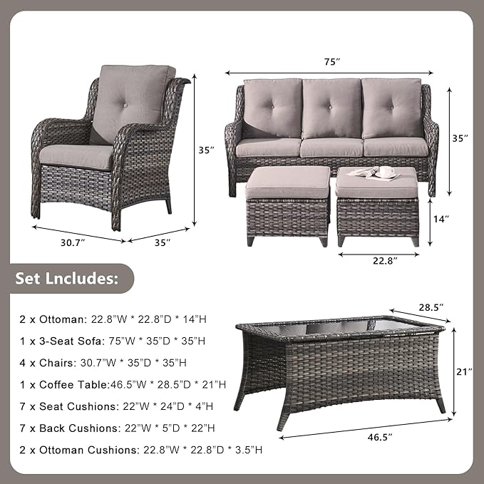 Rilyson Wicker Patio Furniture Chairs Set - 8 Piece Rattan Outdoor Patio Sectional Conversation Sets with Sofa,Armrest Chairs,Coffee Table and Ottomans for Porch Deck Garden(Mixed Grey/Grey)
