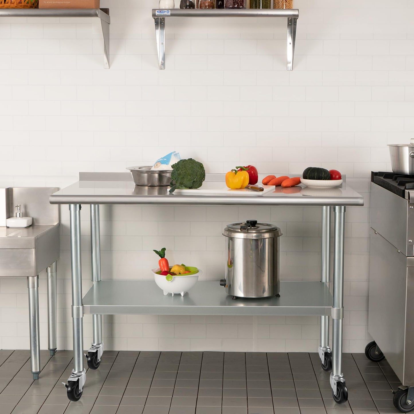 HARDURA Stainless Steel Table 24 x 72 Inches with Wheels Casters NSF Heavy Duty Commercial Prep Table with 2” Backsplash and Adjustable Undershelf for Restaurant Kitchen Home and Hotel