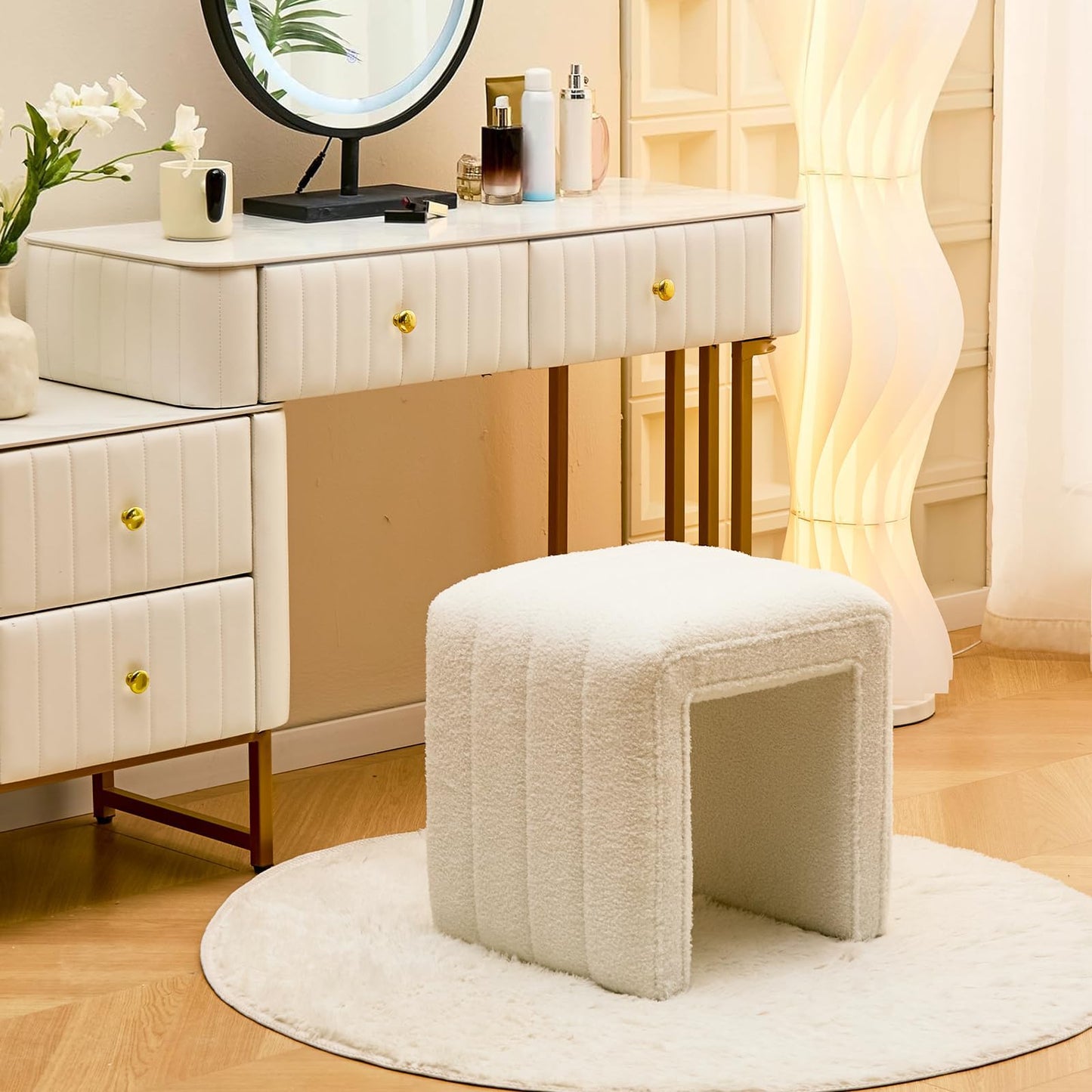 Wimarsbon Vanity Stool Chair, Modern Teddy Velvet Ottoman Footrest, Sofa Bench Footstool Extra Seat, Home Decor for Makeup Room, Living Room, Entryway, Office (White)