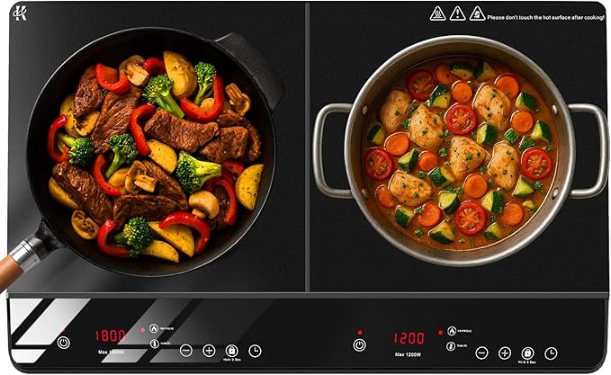 JollyOne Double Burner Induction Cooktop, 1800W Portable Induction Cooktop 2 Burner with 9 Temp & Power Independent Touch ...