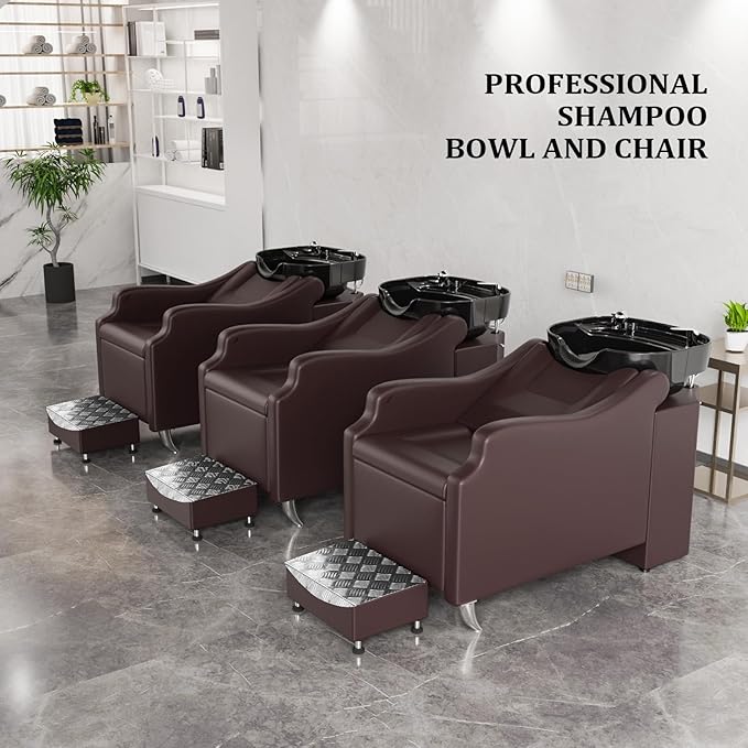 Salon Shampoo Bowl and Chair, Hair Wash Chair Shampoo Station with Deep Ceramic Sink, Backwash Barber Chair Shampoo Unit for Beauty Spa Barbershop Massage
