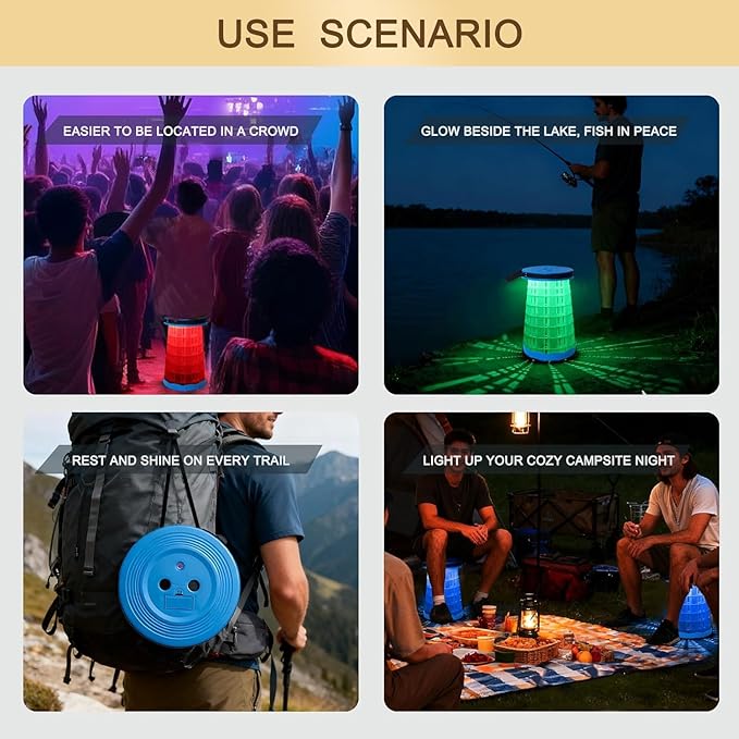 JSSTEM LED Telescoping Camping Stool, Lightweight Collapsible Portable Seat with Built-in Light for Camping, Fishing, BBQ, Hiking & Music Festivals, RGB Flash