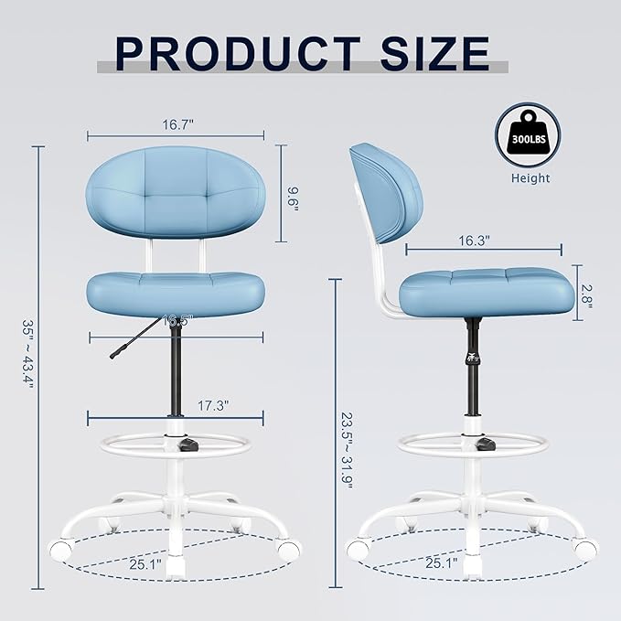Misolant Drafting Chair, Armless Tall Office Chair with Footrest Ring for Standing Desk, Small Faux Leather Executive Computer Chair with Adjustable Height for Bar Lab Counter Height Desk, Blue