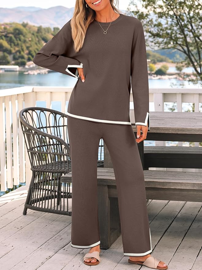 LILLUSORY Women Fall 2 Piece Lounge Set Outfits Sweatsuits Long Sleeve Sweater Tops Wide Leg Pants