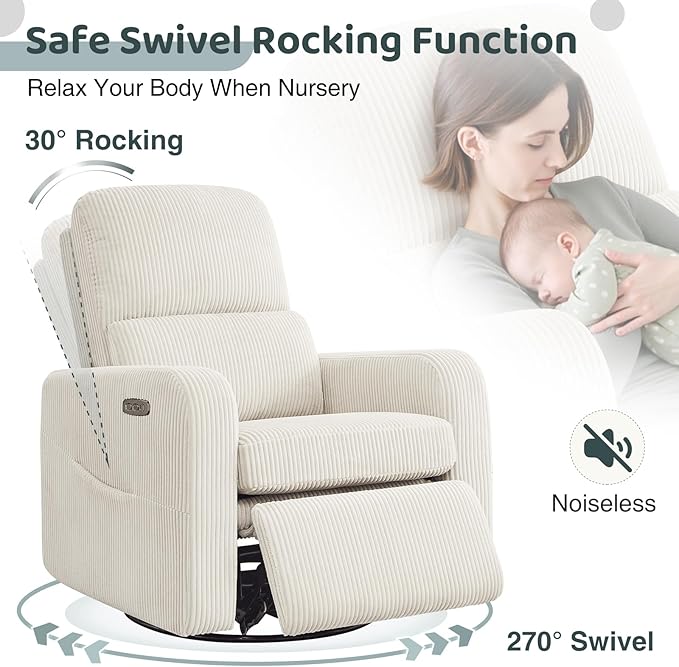 AEMEIOS Swivel Rocker Recliner, Oversized Power Recliner Glider with Removable Cushion, Upholstered Swivel Reclining Nursery Chairs for Living Room Bedroom, Corduroy White