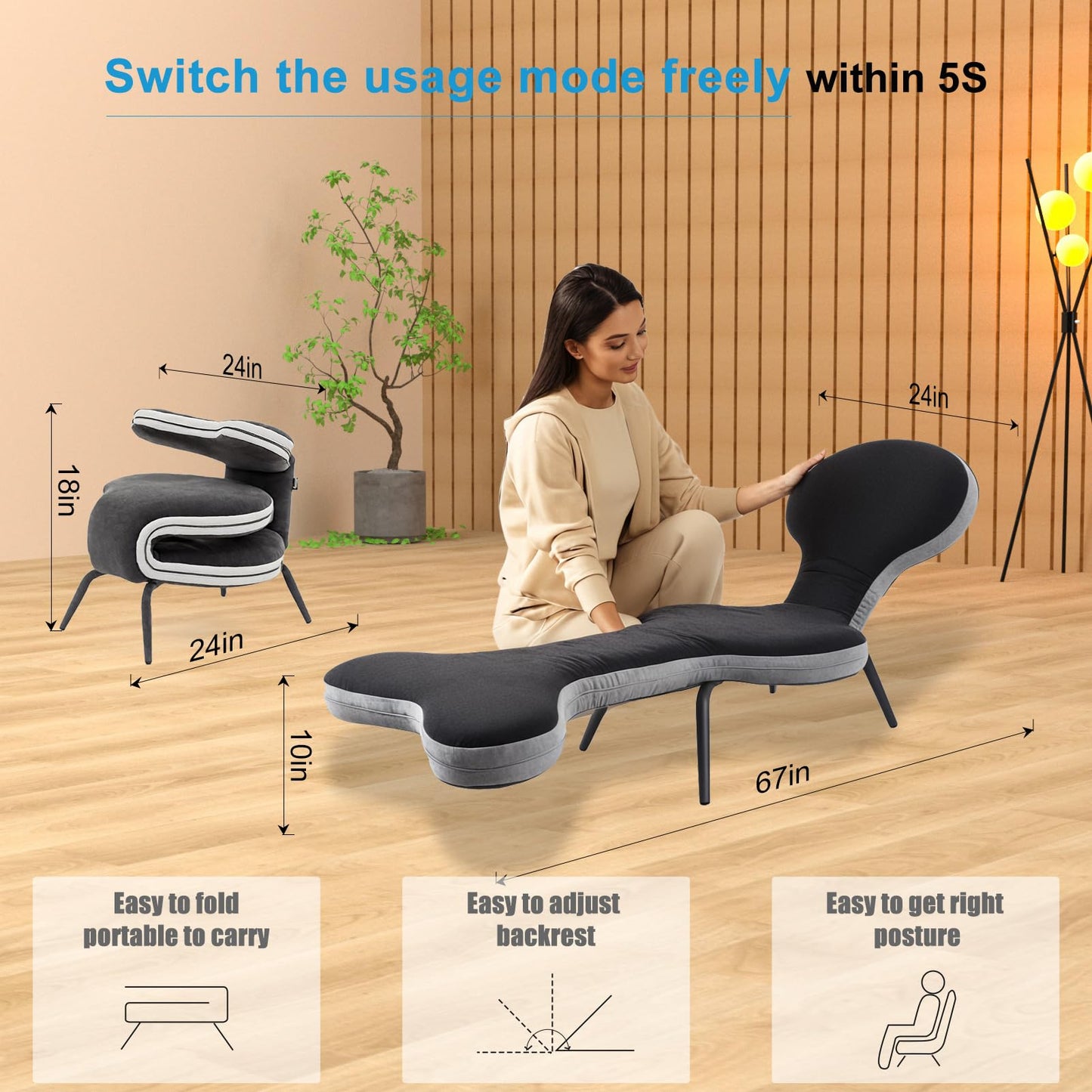 Lightdot 4 in 1 Convertible Sleeper Chair Bed Leisure Sofa with Adjustable Backrest Accent Chair Folding Portable Sofa/Chair/Bed for Living Room/Apartment/Office/Outdoor