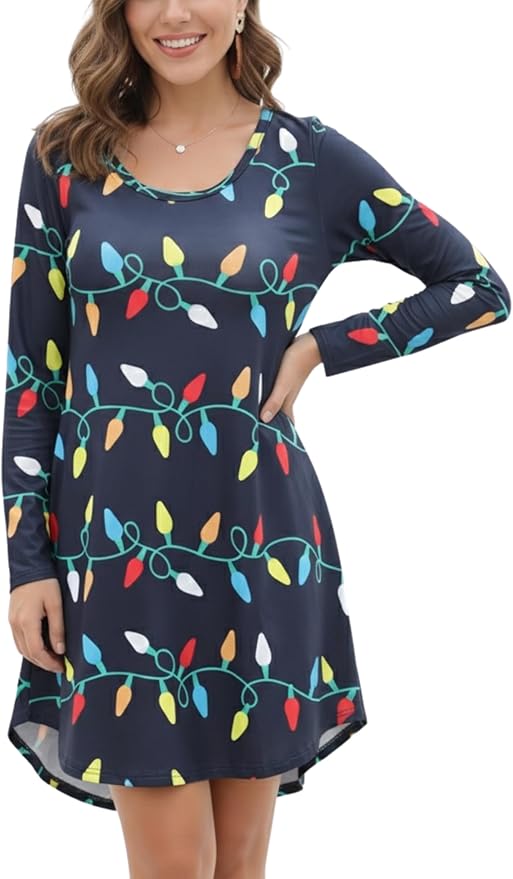 Aphratti Women's Long Sleeve Funny Christmas Printed Holiday Dress Casual Tunic Tops to Wear with Leggings