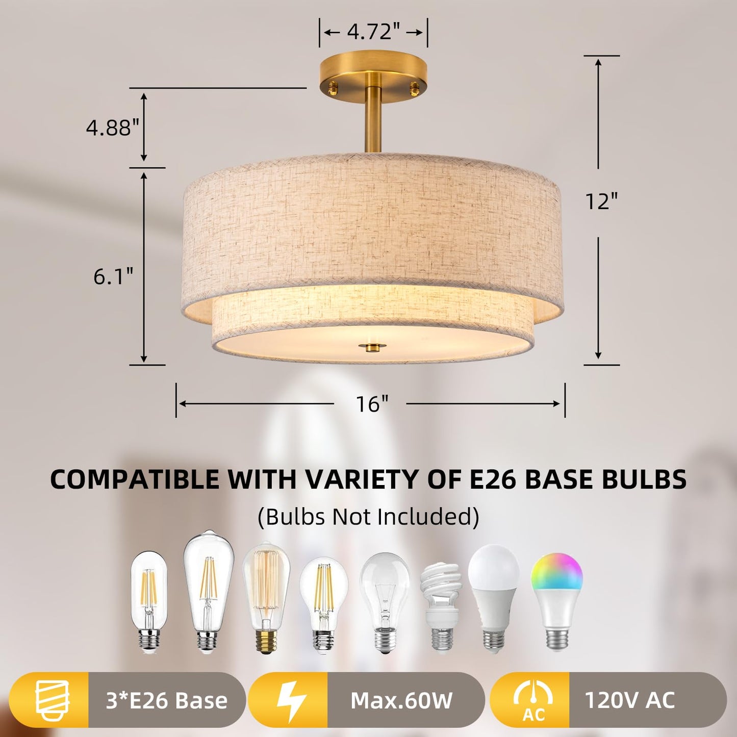 Aufrichting 16" Semi Flush Mount Ceiling Light Fixture,Modern Close to Ceiling Light, 3-Lights Gold Drum Ceiling Light with Linen Fabric Shade for Bedroom Living Dining Room Hallway Entryway Foyer