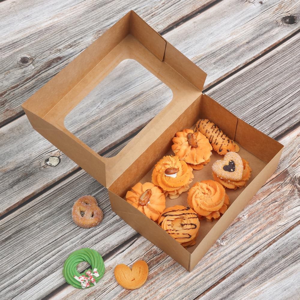 YEKTFS 24 Pcs Cookie Boxes with Window for Paper Gift Giving Brown Bakery Gift Boxes 9 x 6.3 x 3 Inch, Easy Estate Holiday Packaging for Cookie, Cupcaked, Donuts & Pastries