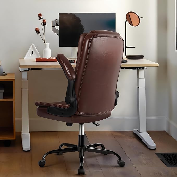 VITESSE Ergonomic Office Chair with Flip-up Armrests, Big and Tall Leather Executive Office Chair, High Back Lumbar Support Home Computer Desk Chair, Heavy and Duty Computer Chair (Brown)