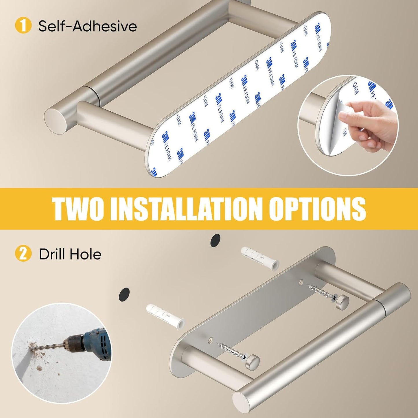 BESy Adhesive or Screw Toilet Paper Holder Wall Mount Rustproof Modern Roll Holder Flexible Pivoting Adjustable Tissue Handle with Self Adhesive or Mounted with Screws Stainless Steel Brushed Nickel