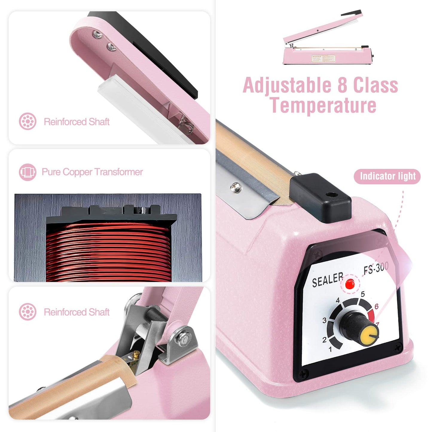 METRONIC Impulse Sealer 12 inch, Manual Heat Sealer Machine for Plastic Bags, Shrink Wrap Bag Sealers Heavy Duty Sealing Machine with Repair Kit (Pink)
