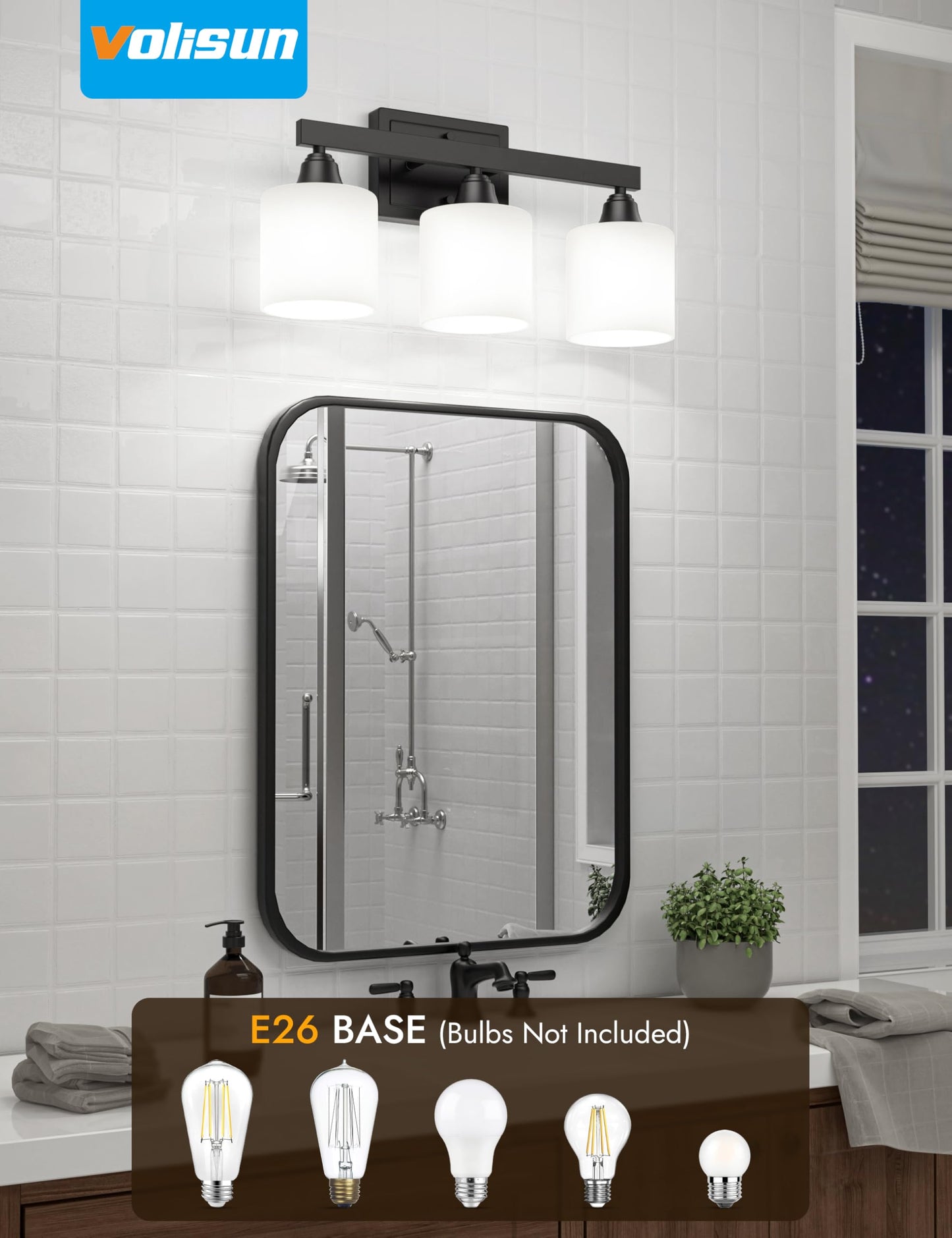 VOLISUN Matte Black Bathroom Light Fixtures, 3-Light Bathroom Vanity Lights Over Mirror, Modern Vanity Light for Bathrooms, Bathrooms Lights Fixtures Over Mirror with Milky White Frosted Glass Shades