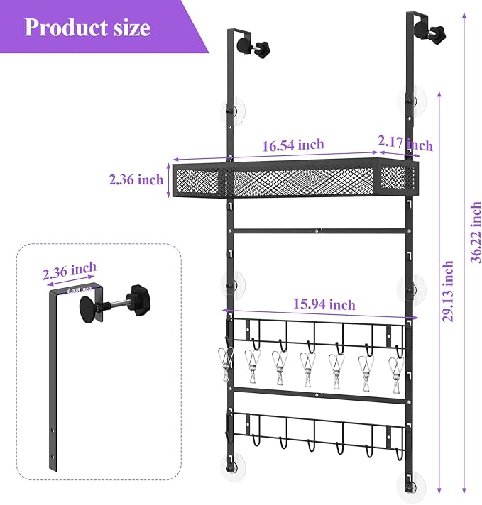 bukfen Adjustable Over the Door Hooks Organizer,Multi-Purpose Storage Organizer Over the Door Organizer with Shelf and Hooks,Hanging Door & Wall Mounted Coat Storage Rack for Bedroom,Bathroom,Kitchen