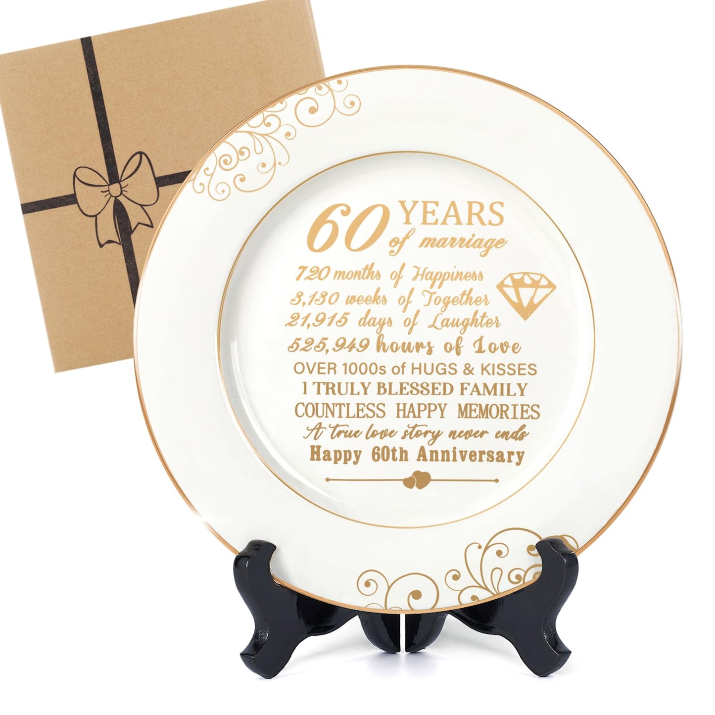 Urllinz 60th Anniversaty Plate with 24k Gold Foil - 60 Year Diamond Anniversary Wedding Gifts for Parents Couple Grandparents, Ceramic 9"