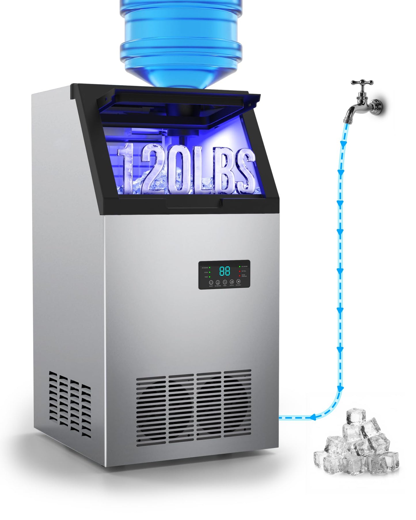 Quyndor Commercial Ice Maker Machine 120LBS/Day, Undercounter Ice Makers30LBS Storage Bin and 45 Ice Trays, Icemaker Machine Double Water Inlet with Water Line, Ice Scoop
