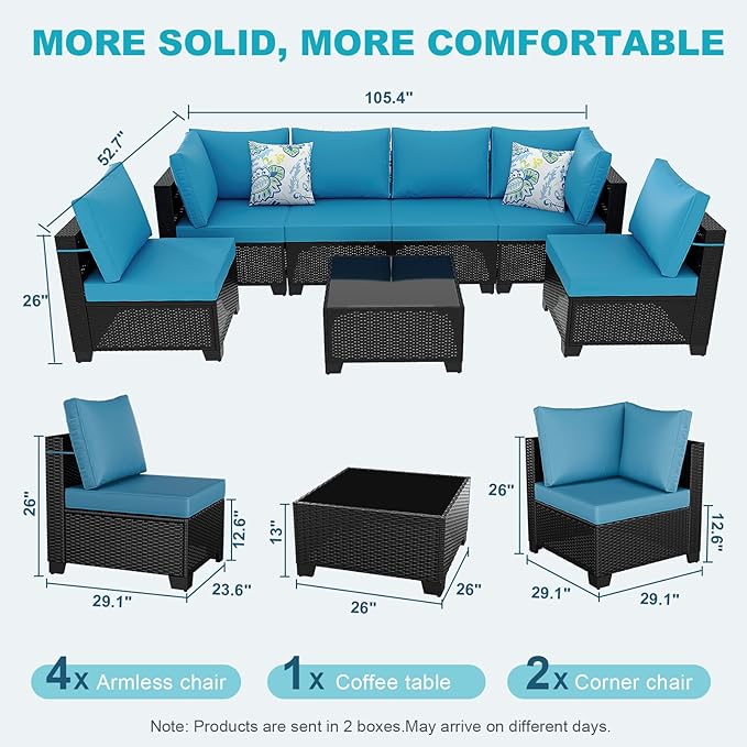 Ophelian 7 Pieces Patio Furniture Set, Outdoor Conversation Rattan Sofa，with Waterproof Cushion and Tempered Glass for Garden and Backyard, (Brown/Peacock Blue)