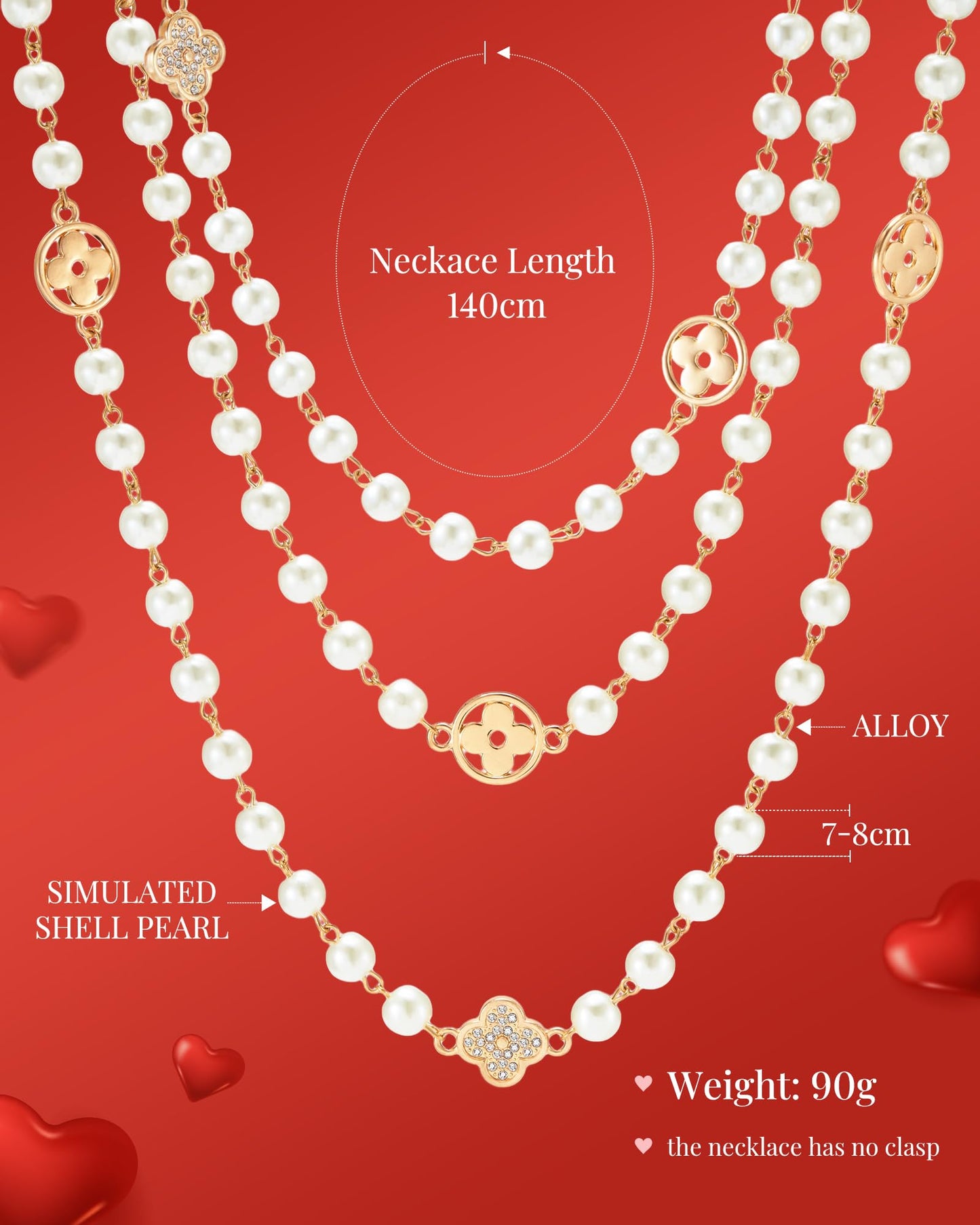 IDOKAWA 8MM Round Simulated Shell Pearl Strand Layered Necklace for Women, Dainty Multiple Strands Long Necklace for Party, Vint