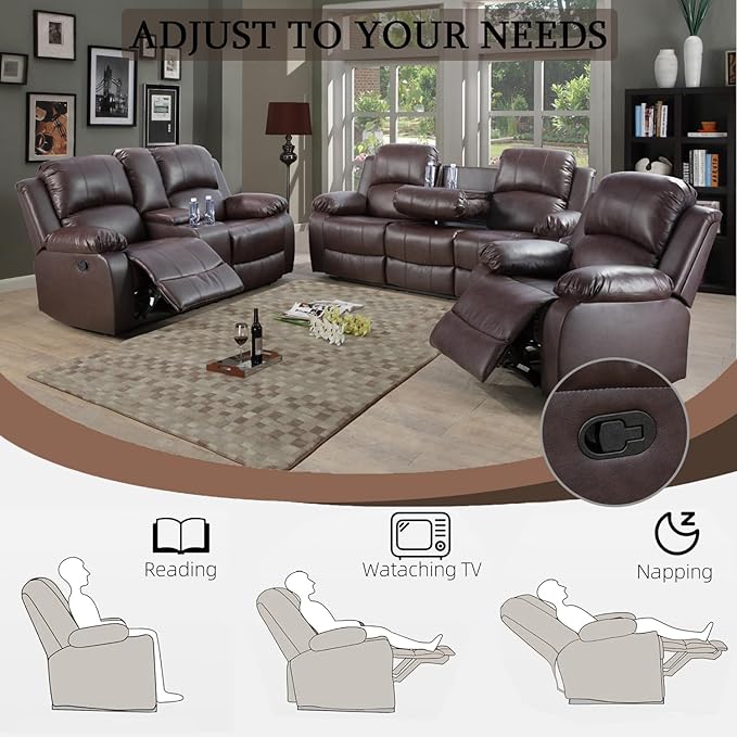 Caberryne Leather Recliner Sofa Set，Leather Reclining Couch for Living Room Furniture Sets，Brown Recliner Couch with 5 Recliners for Living Room/Office/Theater Seating(Sofa Set 3 Pieces)