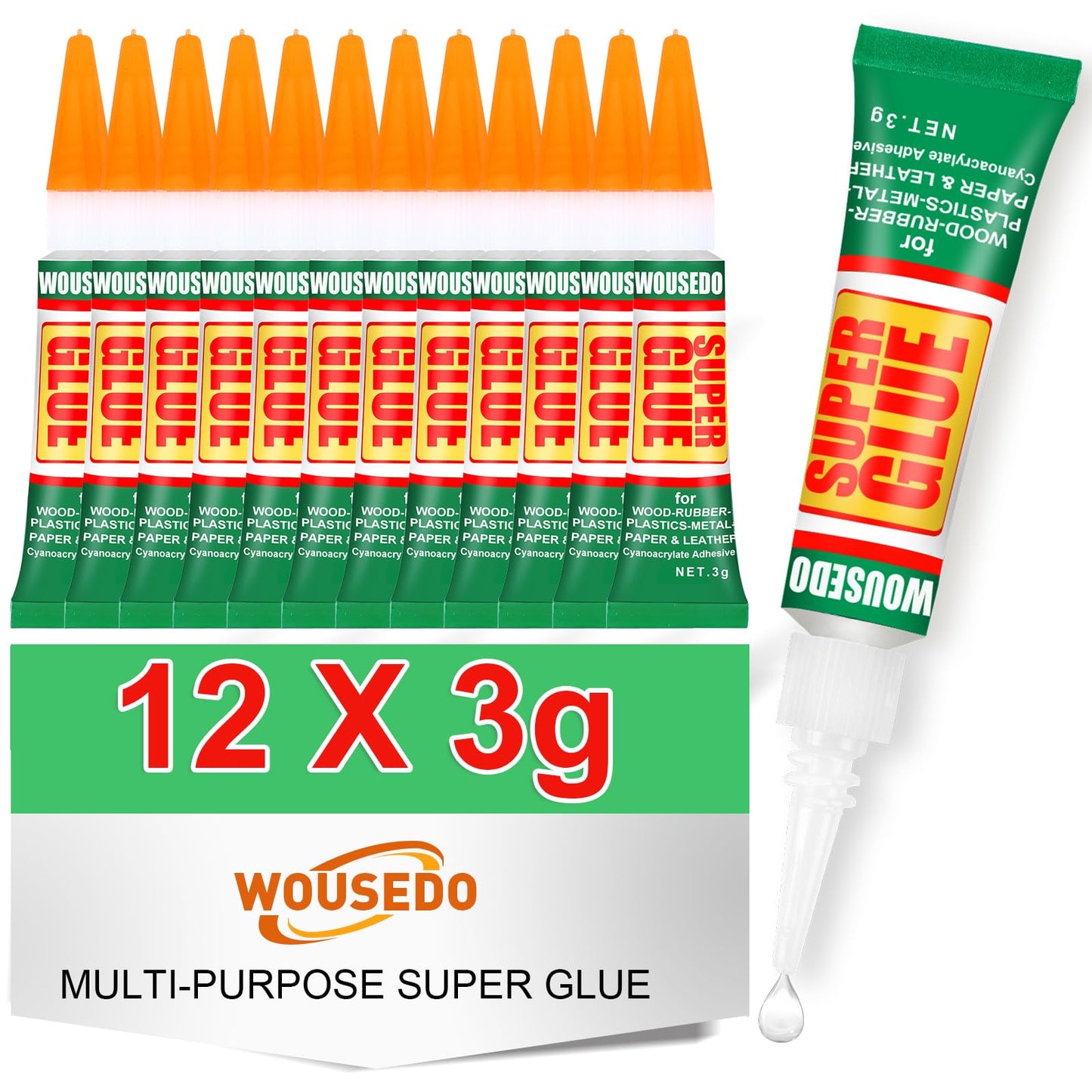 WOUSEDO 12 X 3g Super Glue Clear, Strong Adhesive,Super Glue Fast Drying Cyanoacrylate Glue for Wood,Rubber,Leather, Plastic, Metal, Rhinestone Jewelry, DIY Crafts and More